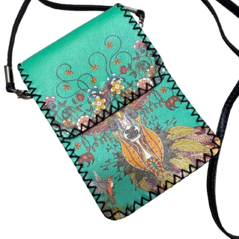 Teal Floral Deer Bohemian Leather Crossbody Cell Phone Holder